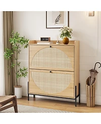 Streamdale Furniture Walnut 2-Drawer Rattan Shoe Cabinet