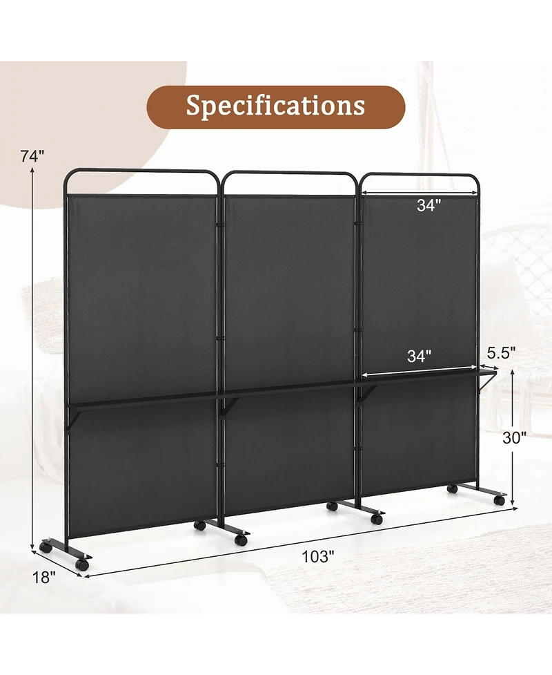sumyeg 3-Panel Folding Room Divider with Metal Shelves and Lockable Wheels
