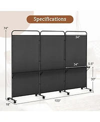 sumyeg 3-Panel Folding Room Divider with Metal Shelves and Lockable Wheels