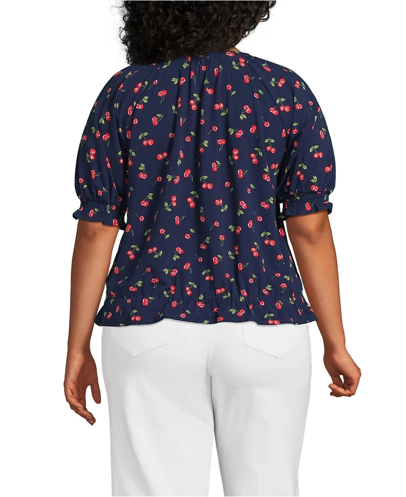 Lands' End Plus Elbow Sleeve Lightweight Jersey Gathered Adjustable Hem Blouse