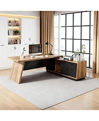 Logicfox Modern Executive Desk with Drawers and Printer Shelf Configurable Length 70.8" or 78.7