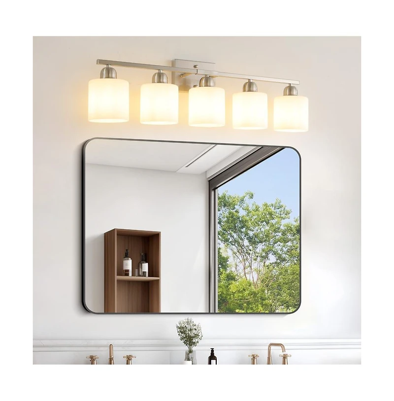 Busdays 5 Light Brushed Nickel Modern Bathroom Light Fixture Vanity Light Over Mirror Wall Sconce Frosted Glass Shades E26 Socket Bulbs Not Included