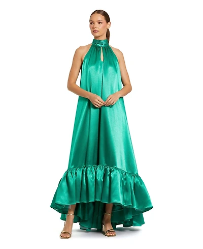 Mac Duggal Women's Sleeveless Halter Neck Satin High-Low Gown
