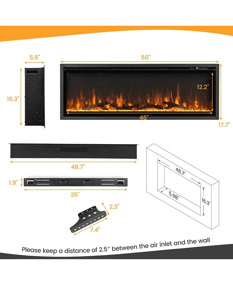 Sugift 50 Inches Electric Fireplace in-Wall Recessed with Remote Control and Adjustable Color and Brightness-50 inches