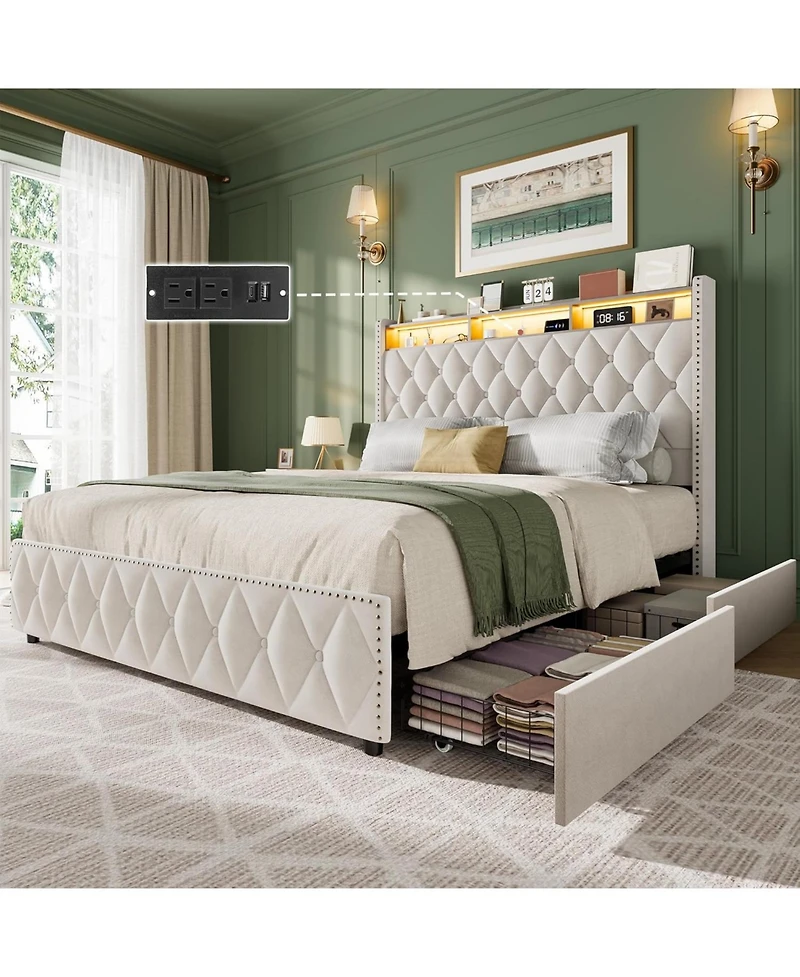 gaomon Bed Frame with 50.8 Inch Tall Headboard, Platform Leather Upholstered 4 Storage Drawers, Usb Charging Station
