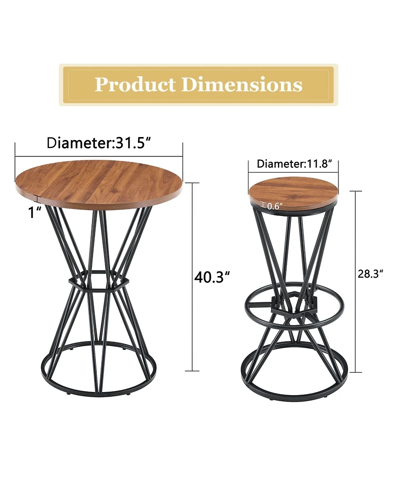 Rainsken Bar Table and Chair Set for 2 - 31.5" Wood Grain Mdf Tabletop with Black Metal Frame, Industrial Style Counter Combination