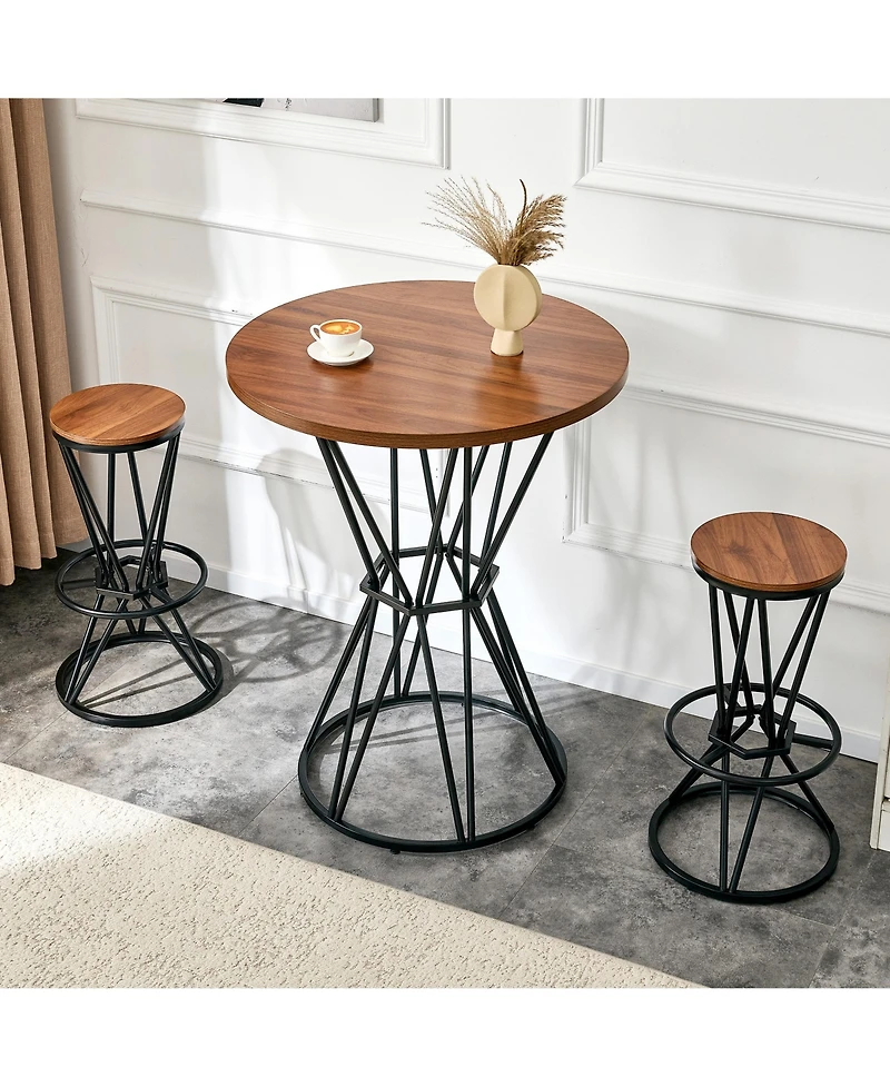 Rainsken Bar Table and Chair Set for 2 - 31.5" Wood Grain Mdf Tabletop with Black Metal Frame, Industrial Style Counter Combination