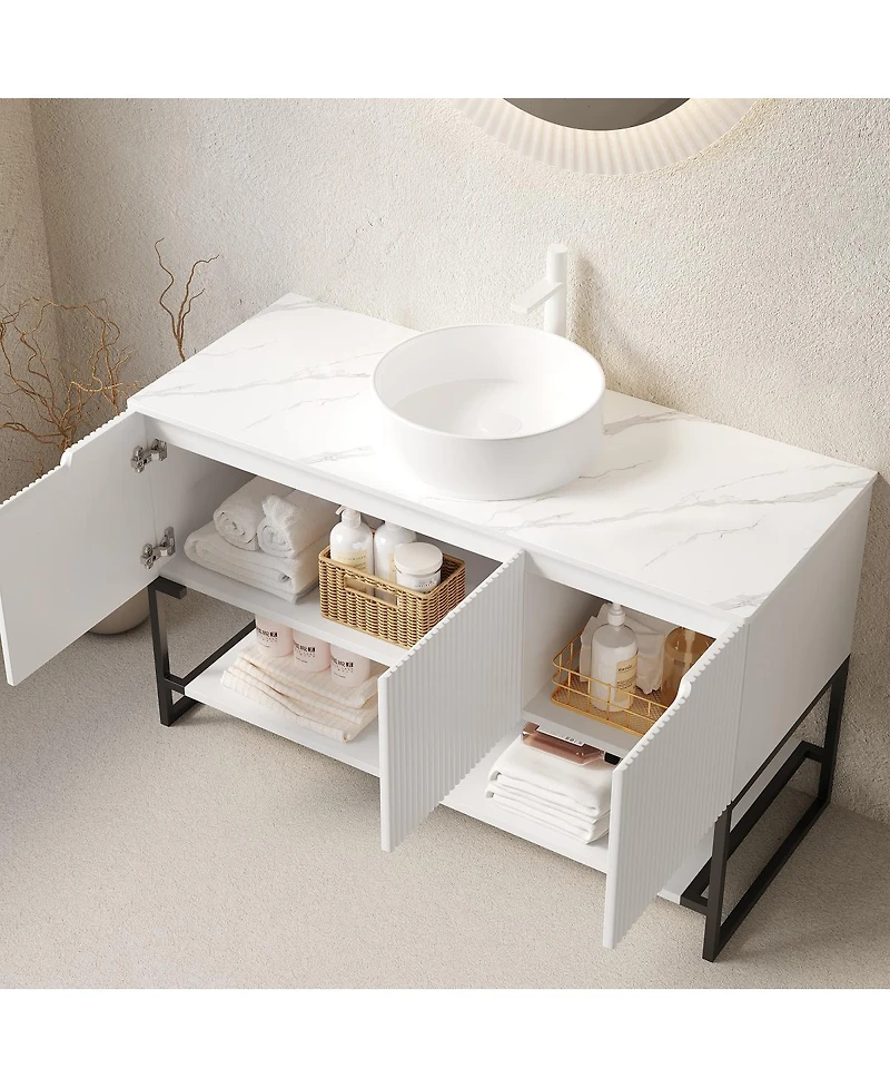 Sillysis 47.6 Inch Bathroom Vanity with Matte Round Ceramic Basin, Sintered Stone Countertop, Storage Cabinet and Open Shelf