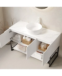 Sillysis 47.6 Inch Bathroom Vanity with Matte Round Ceramic Basin, Sintered Stone Countertop, Storage Cabinet and Open Shelf