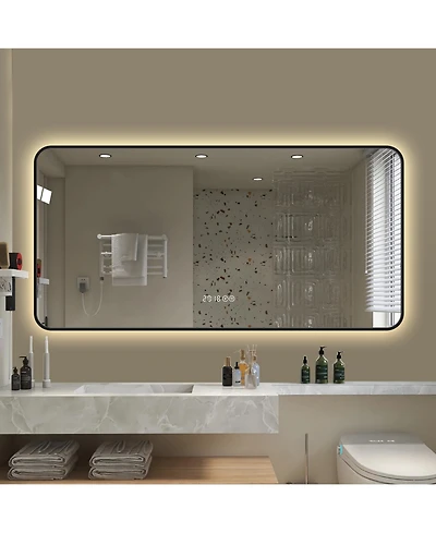 Rainsken 48x24 Led Bathroom Mirror, Wall Mount Anti-Fog Vanity Mirror with High-Definition Tempered Glass and Tri-Color Lighting for Wall Decor