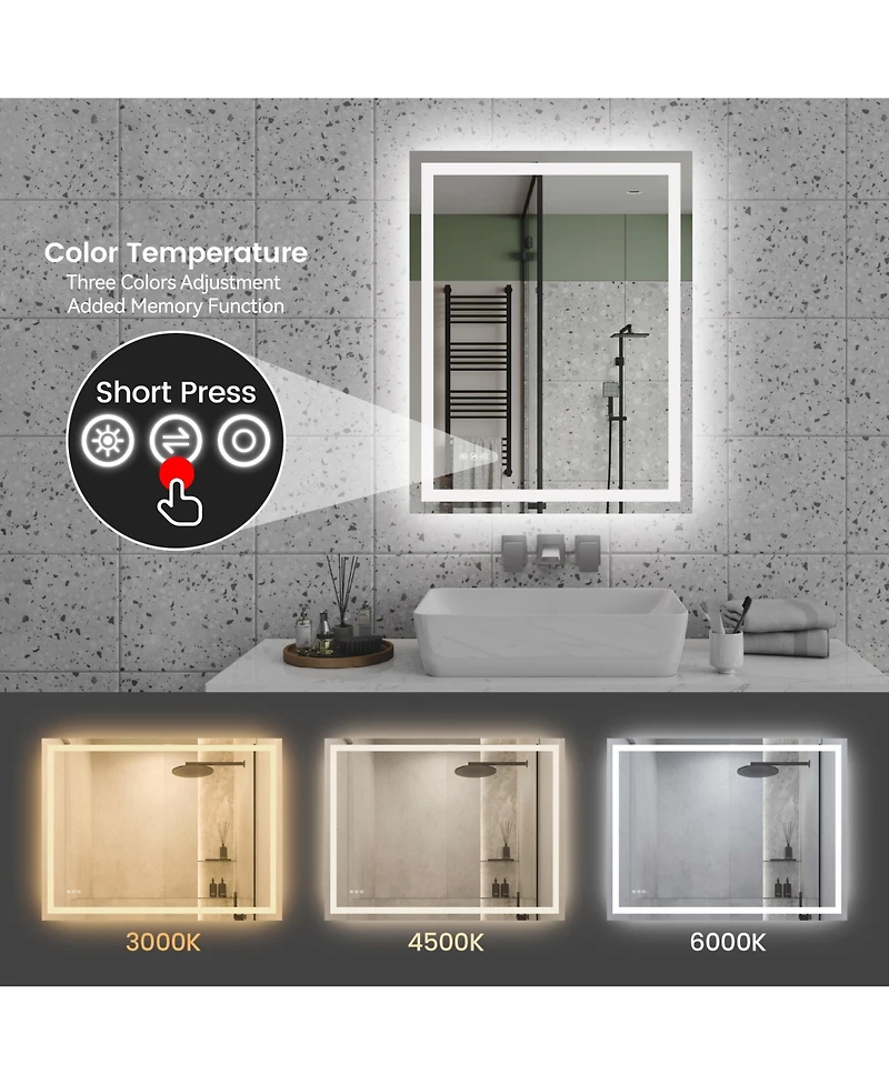 Rainsken 28"36" Led Bathroom Mirror, Anti-fog Vanity Mirror with Front-Lit and Back-Lit, Stepless Dimmable, Shatter-Proof Make Up Mirror