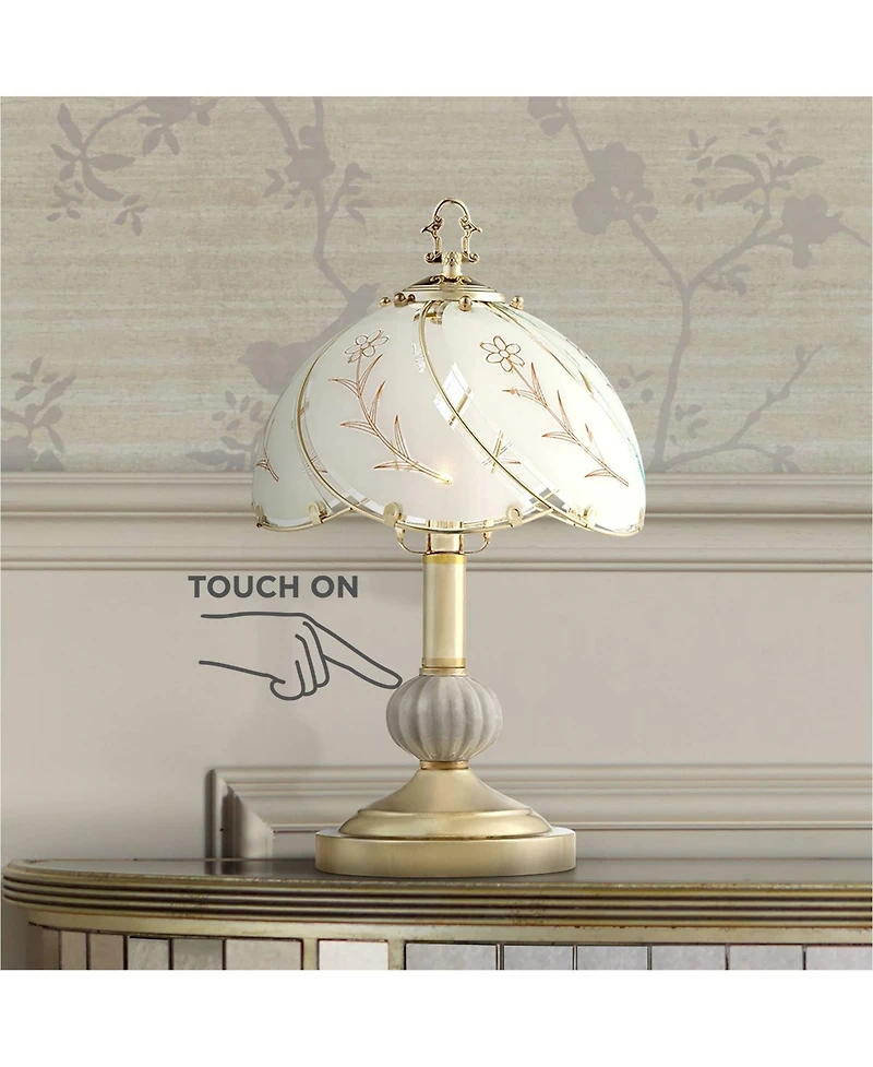 Regency Hill Traditional Accent Table Lamp 15" High Set of 2 Polished Brass Etched Glass Shade Touch On Off Bedroom House Bedside