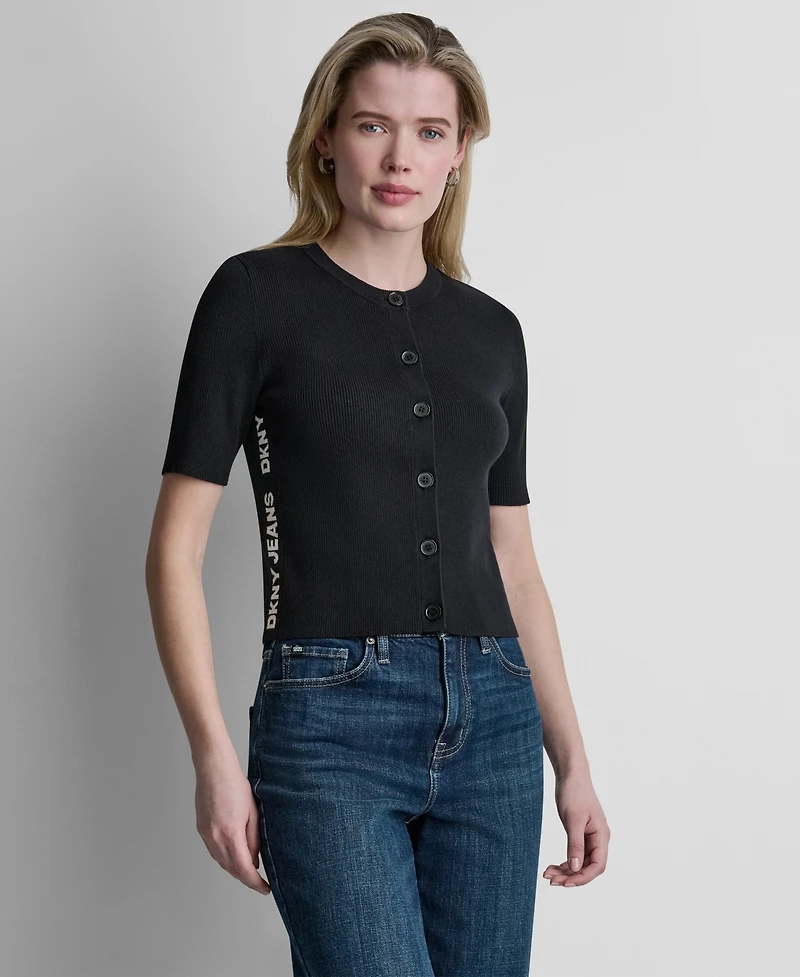 Dkny Jeans Women's Side Logo Button Front Elbow Sleeve Crewneck Sweater
