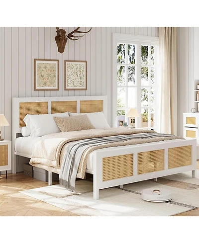 gaomon Rattan Platform Bed, Woven Cane Headboard, 14" Storage