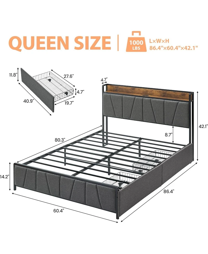 gaomon Queen Upholstered Bed with Storage Headboard, 2 Drawers