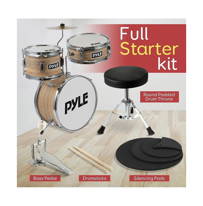 Pyle 3-Piece Kids/Junior Drum Set - Includes Bass Drum, Tom, Snare, Cymbal, Throne, and Sticks, Natural Finish (PDRMKIT72N)