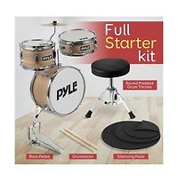 Pyle 3-Piece Kids/Junior Drum Set - Includes Bass Drum, Tom, Snare, Cymbal, Throne, and Sticks, Natural Finish (PDRMKIT72N)