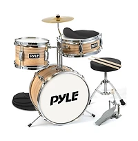 Pyle 3-Piece Kids/Junior Drum Set - Includes Bass Drum, Tom, Snare, Cymbal, Throne, and Sticks, Natural Finish (PDRMKIT72N)