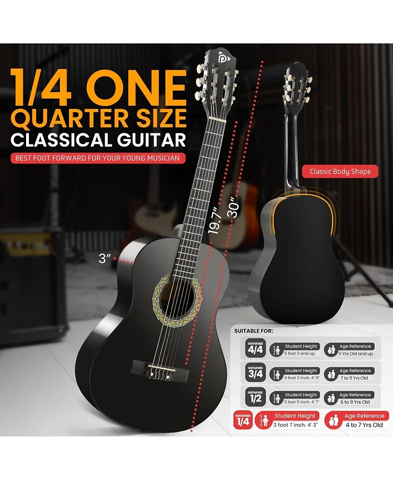 Pyle Beginner Acoustic Guitar Kit, 30" 1/4 Junior Size All-Wood Guitar for Kids & Adults, Easy-Play Design, Black Matte Finish