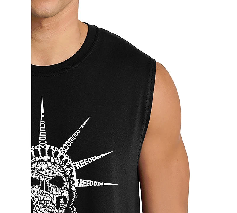 La Pop Art Men's Statue of Liberty Skull Crown Word Graphic Tank Top