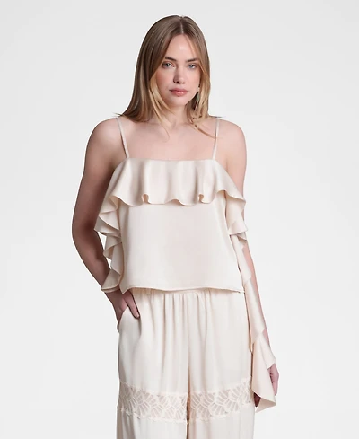 Avec Les Filles Women's Asymmetrical Ruffle Detail Square Neck Top