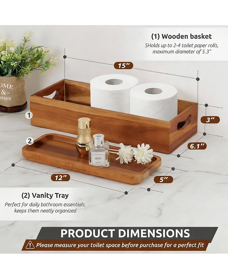 Yigii Acacia Wood Bathroom Storage Set Toilet Tank And Vanity Trays