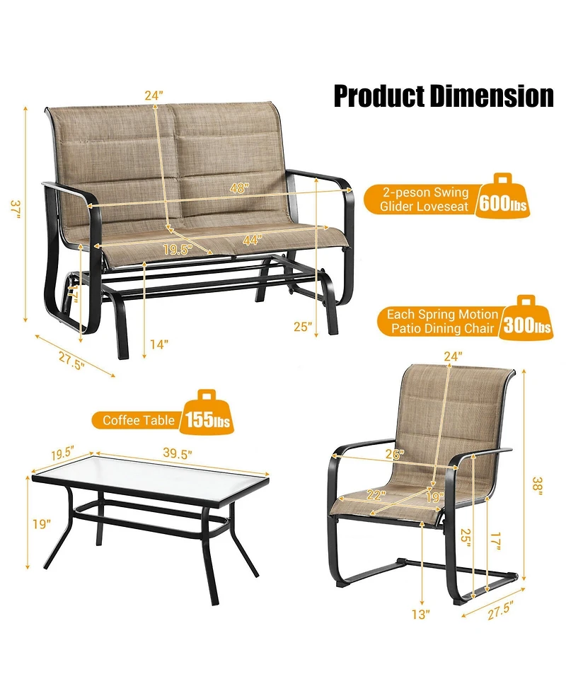 Gymax 4Pieces Patio Conversation Set Cotton Padded Furniture Set with Swing Glider Loveseat
