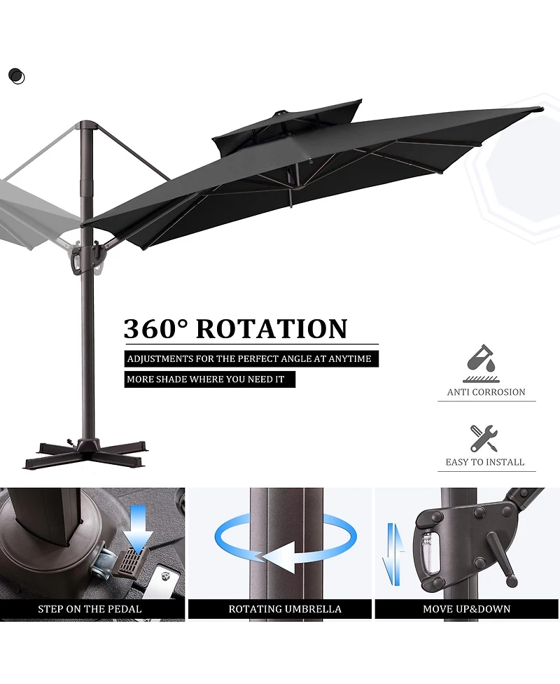 Pellebant Outdoor Patio Double Top 9x11FT Square Aluminum Cantilever Umbrella with Wheel Base