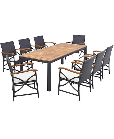 Gymax Set of 9 Outdoor Dining Table with Acacia Wood Table and Cushions 1.9'' Umbrella Hole