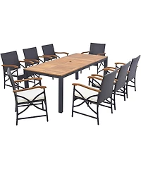Gymax Set of 9 Outdoor Dining Table with Acacia Wood Table and Cushions 1.9'' Umbrella Hole