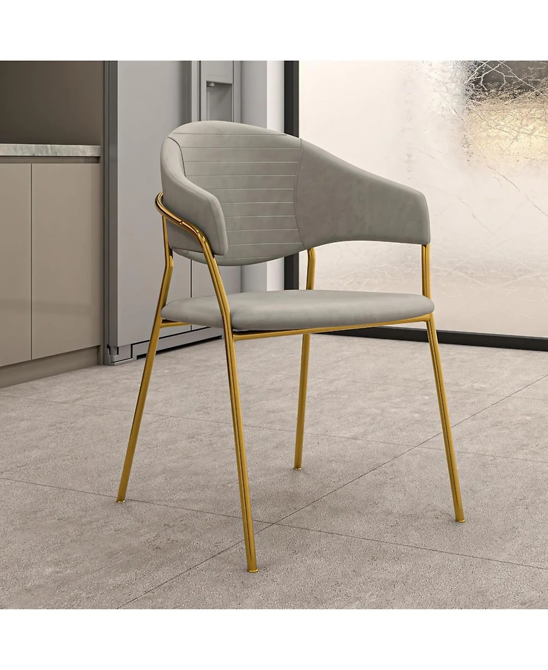 LeisureMod Bella Dining Chair With Arms Upholstered Leather/Velvet Accent Ergonomic Durable Stainless Steel Base for Modern Kitchen, Living Room