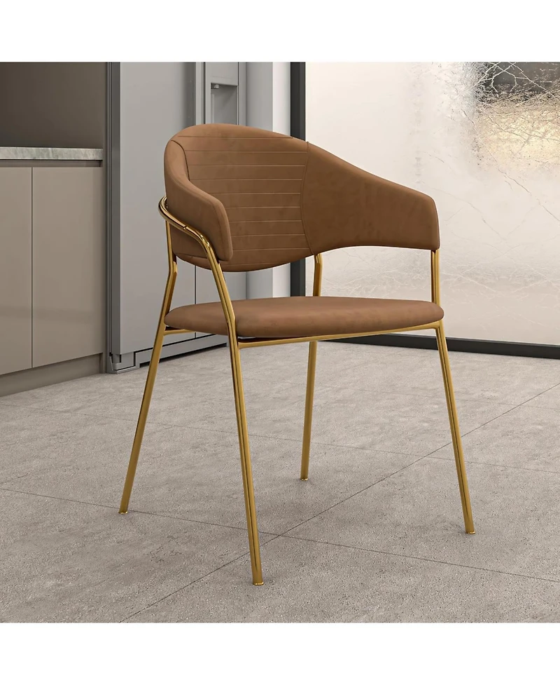 LeisureMod Bella Dining Chair With Arms Upholstered Leather/Velvet Accent Ergonomic Durable Stainless Steel Base for Modern Kitchen, Living Room