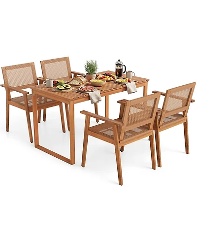 Gymax 5PCS Acacia Wood Dining Set Outdoor Table and Rattan Chairs for Balcony Poolside