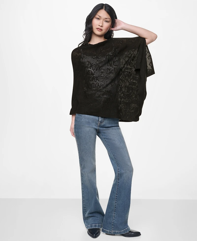 Dkny Jeans Women's Asymmetric Logo Pointelle Stitch Poncho Sweater
