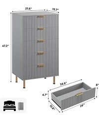 homfan Modern Fluted 5 Drawer Dresser - 48" Tall Wooden Chest with Deep Storage, Wide Top, Organizer for Bedroom, Living Room, Hallway, Kids Room