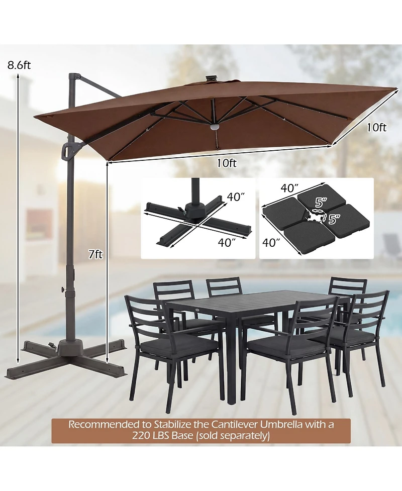 Gymax Cantilever Patio Umbrella With Solar Led Lights Square Offset Hanging