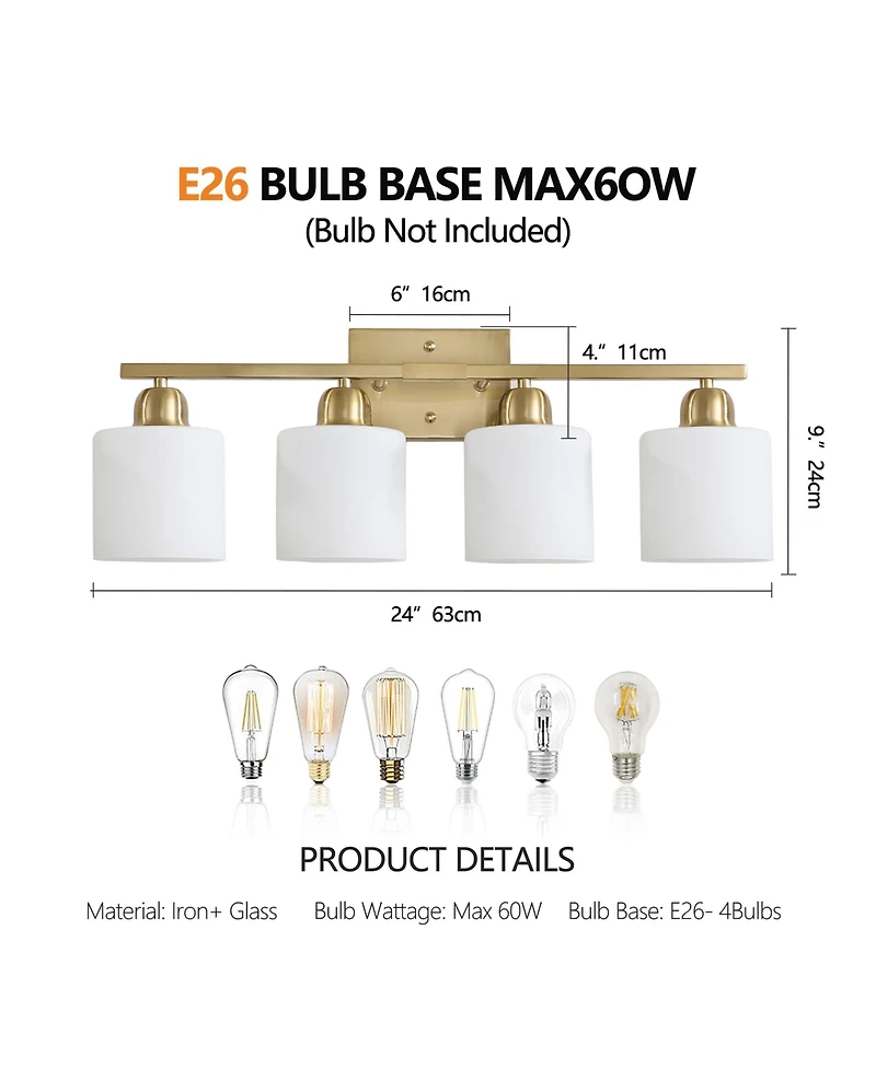 Busdays 4 Light Gold Modern Bathroom Light Fixture Vanity Light Over Mirror Wall Sconce Frosted Glass Shades E26 Socket Bulbs Not Included