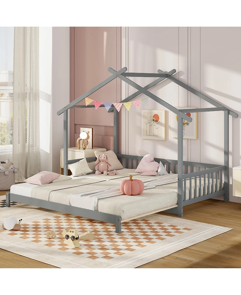 Gymax Wooden House Bed Twin to King Daybed w/ Safety Rails and Decorable Roof