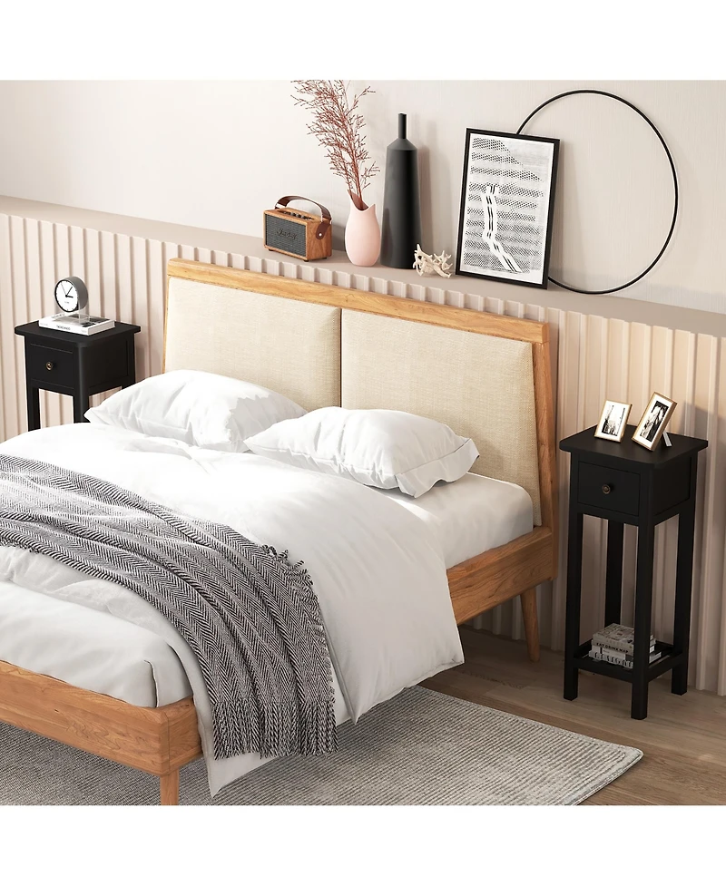 Gymax Solid Wood Side Table Rectangular 2PCS Sofa Side Table w/ Acacia Wood Top Telephone Table