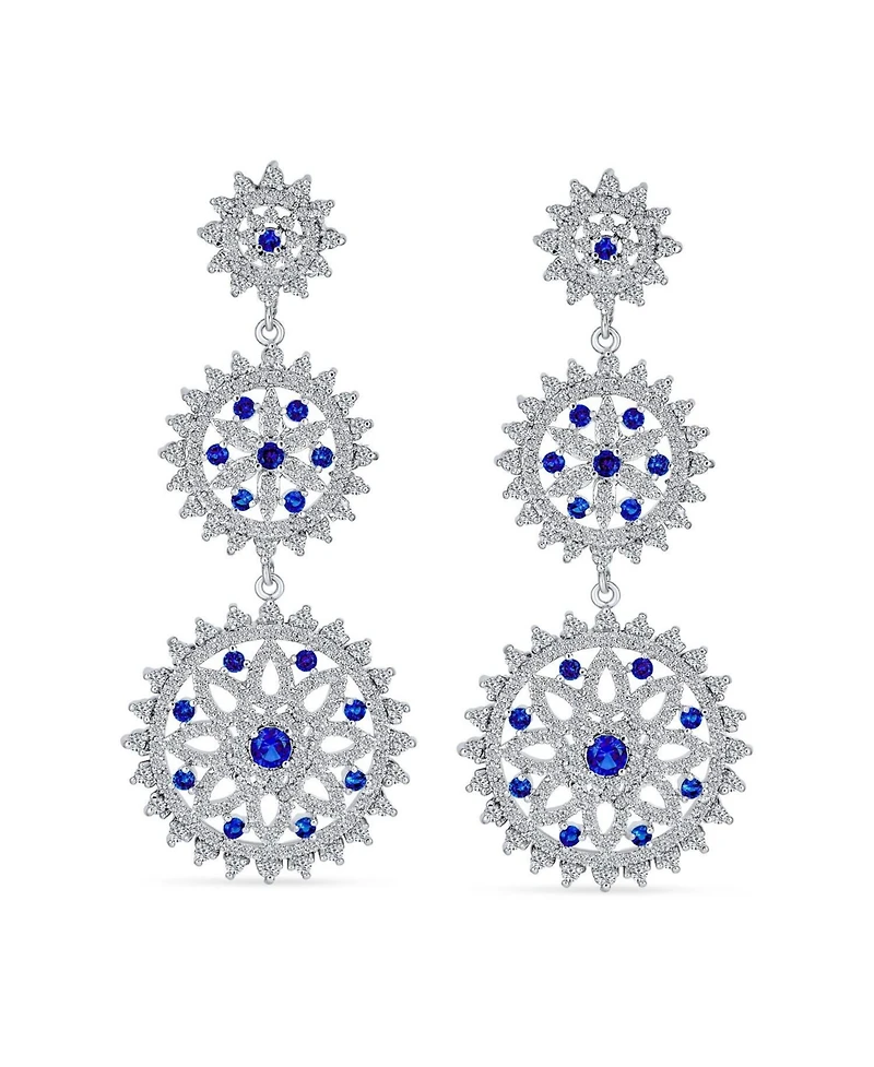 Bling Jewelry cocktail Fashion Statement Blue Sapphire Cz Triple Circle Medallion Statement Chandelier Earrings