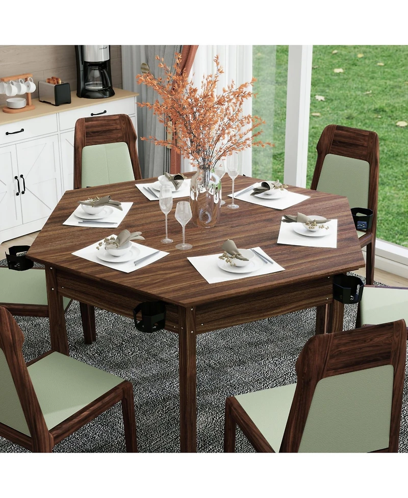 Rainsken 2-in-1 Dining and Gaming Table, with Cup Holders, Removable Top, for 4-6 Players, Non-Slip Play Mat, Solid Wood Legs