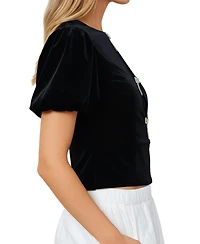 Modenaire Women's Velvet Puff Sleeve Keyhole Rhinestone Bow Top
