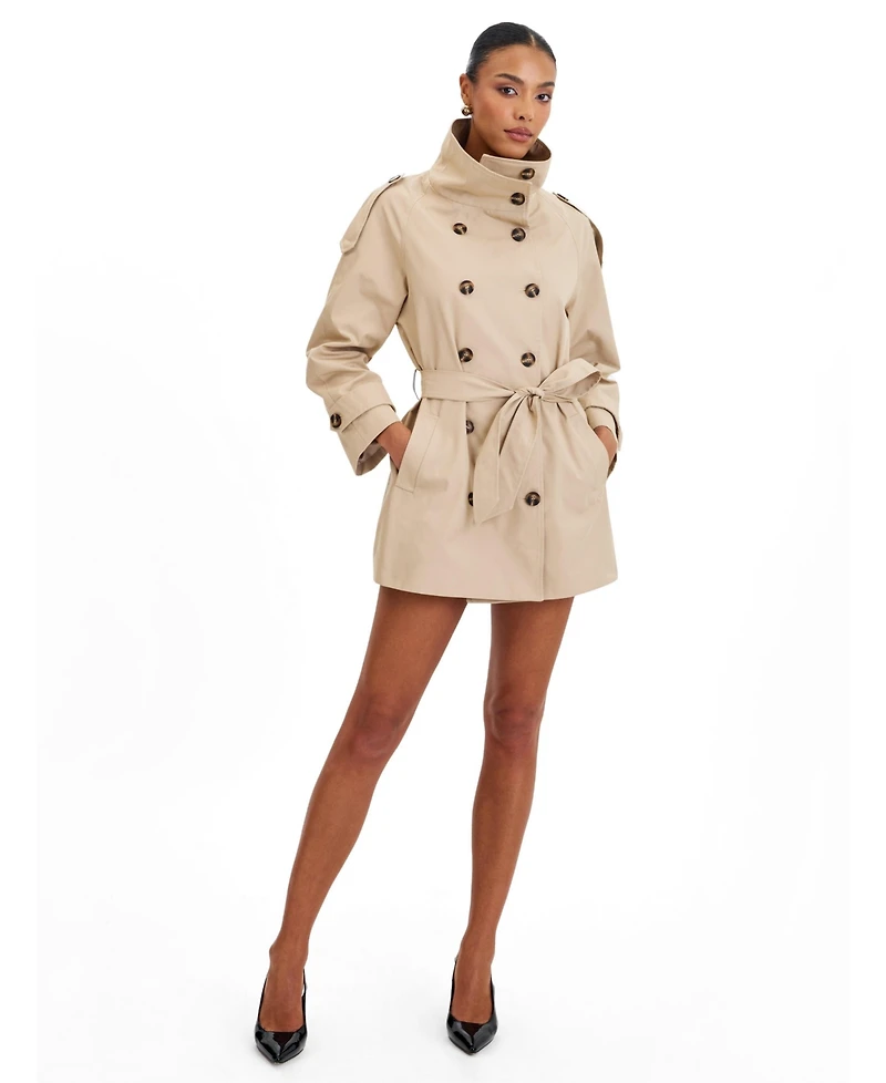 Miss Circle Women's Vanetta Tan High Collar Double-Breasted Trench Mini Coat