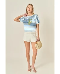 English Factory Women's Striped Lemon Short Sleeve Sweater