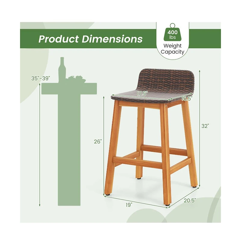 Boyel Living Solid Acacia Wood Bar Stools Set of 2 with Backrests and Footrests for Porch