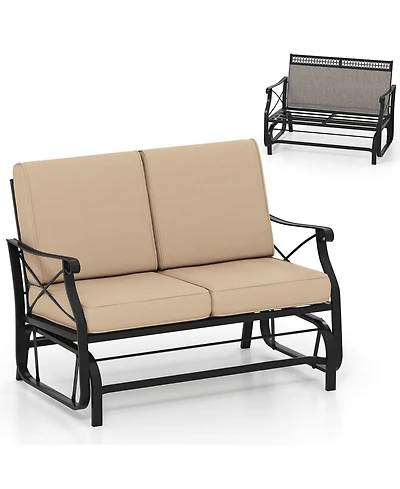 Gymax Outdoor 2-Person Glider Rocking Chair Loveseat with Thick Cushions and Metal Frame