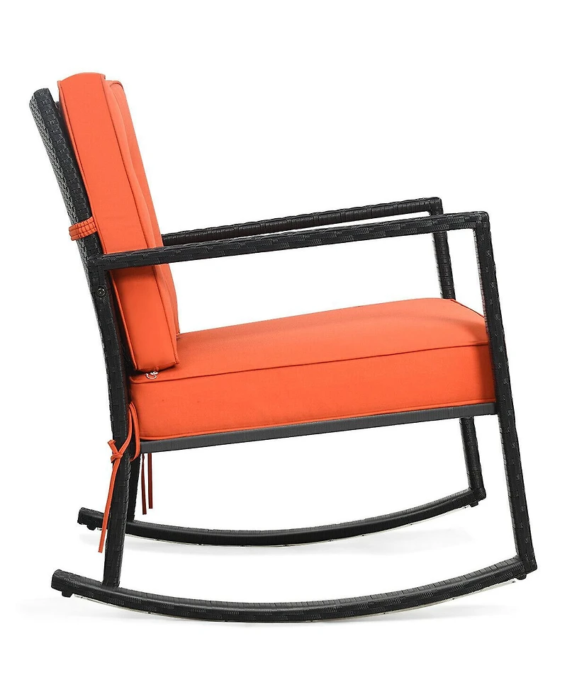 Gymax 2piece Outdoor Wicker Rocking Chair Patio Lawn Rattan Single Chair Glider with Cushion