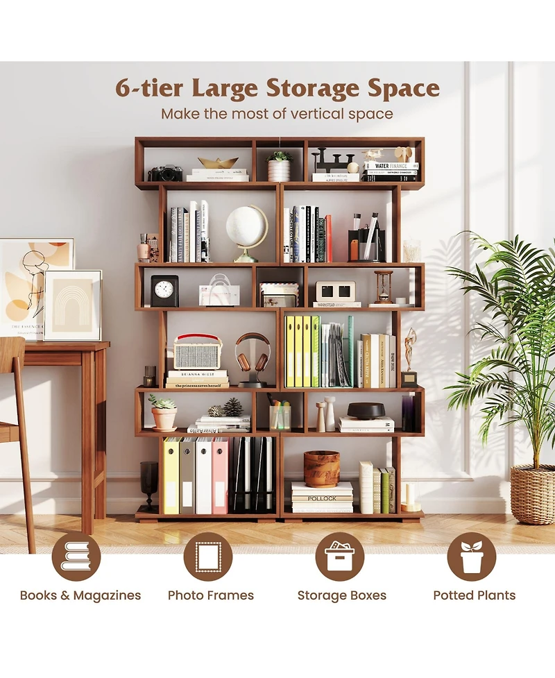 Gymax 2 Piece 6 Tier Bookshelf Geometric Bookcase with Anti Tipping Kits Wooden Display Shelf