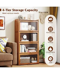 Gymax 4 Tier Bamboo Bookshelf with Doors See Through Acrylic Doors Freestanding Bookcase