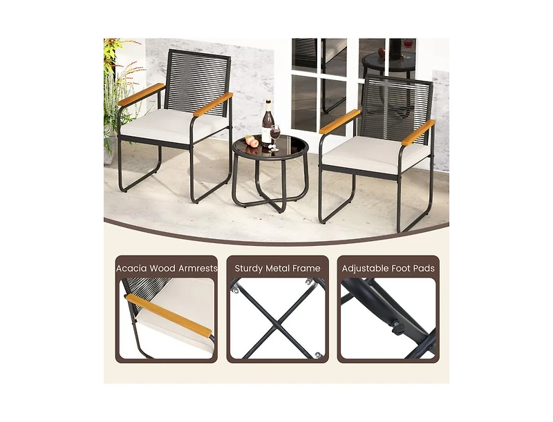 Boyel Living 3 Pieces Patio Furniture Set Pe Rattan Porch Chairs with Round Tempered Glass Top Table